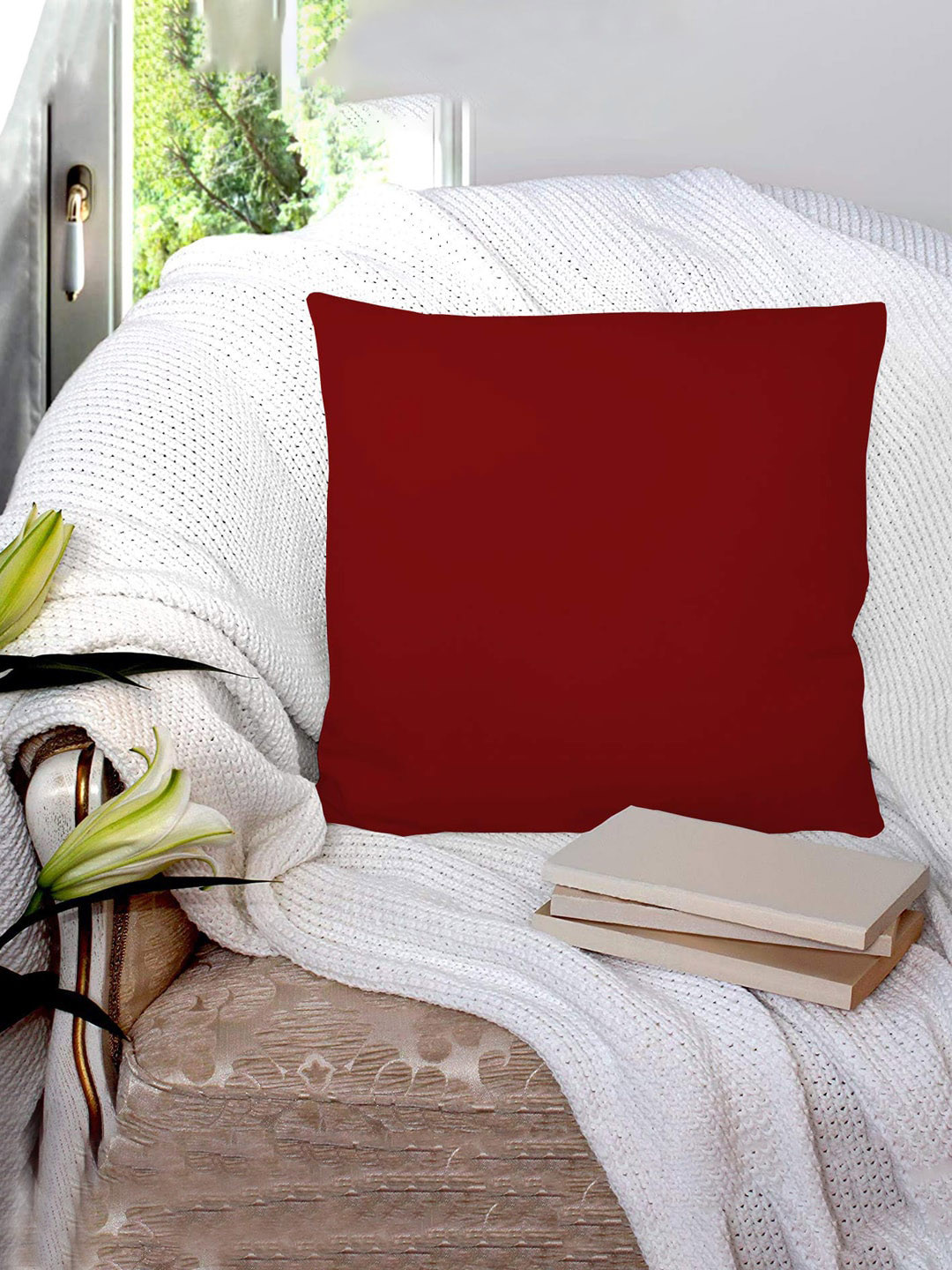 Kuber Industries Maroon 2 Pcs Microfiber Cotton Pre-Filled Cushions