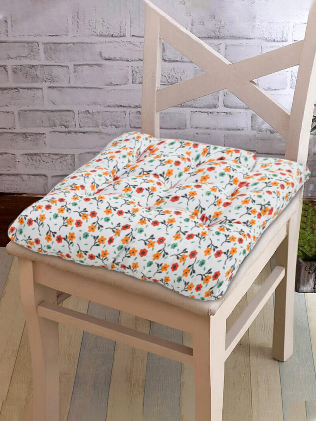 Kuber Industries White & Orange 2 Pcs Floral Microfiber Cotton Square Cushion Chair Pads
