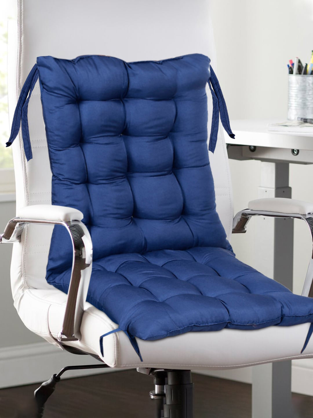 Kuber Industries Blue Textured Square Cotton chair Pad