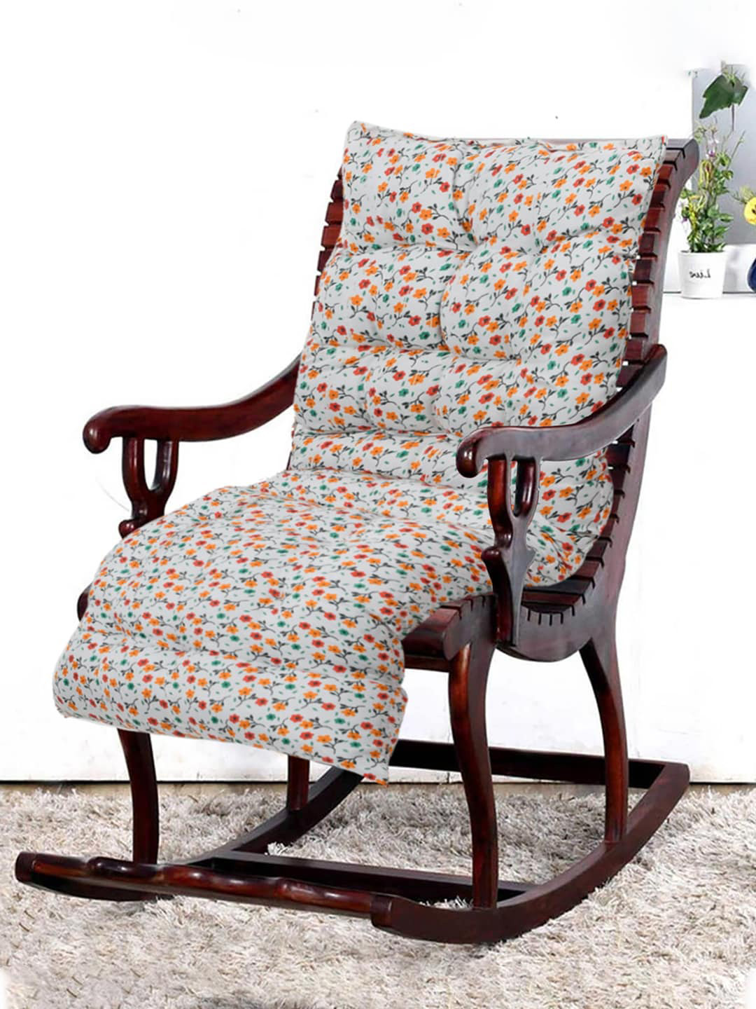 Kuber Industries White & Orange Printed Microfiber Cotton Square Cushion Long Chair Pad