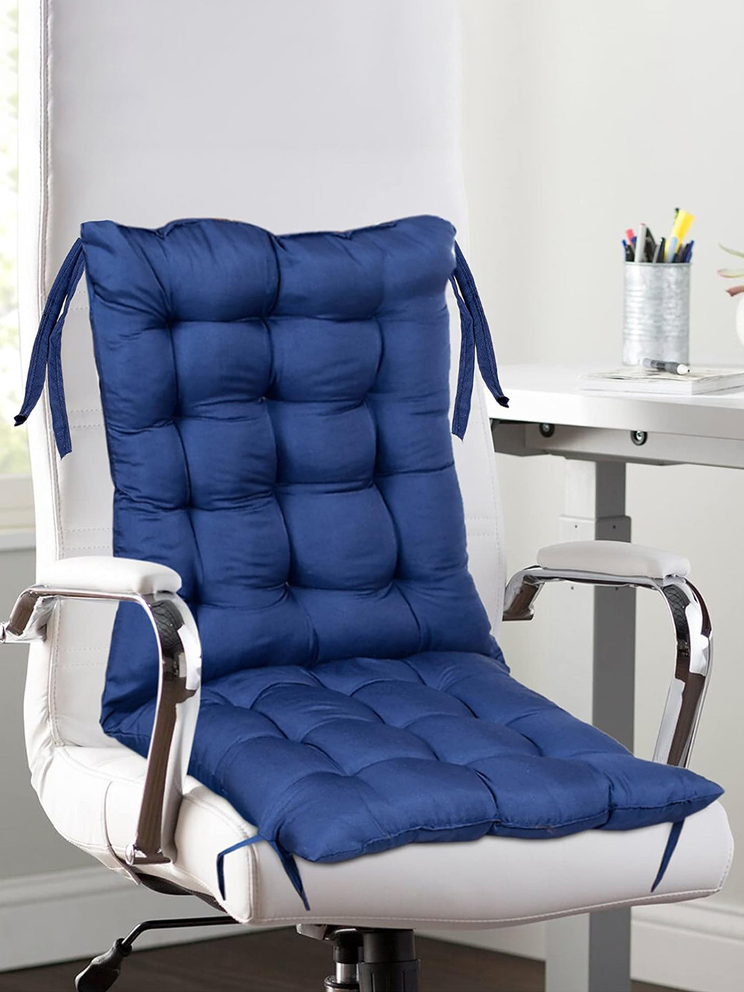 Kuber Industries Navy Blue Microfiber Cotton Square Cushion Long Chair Pad