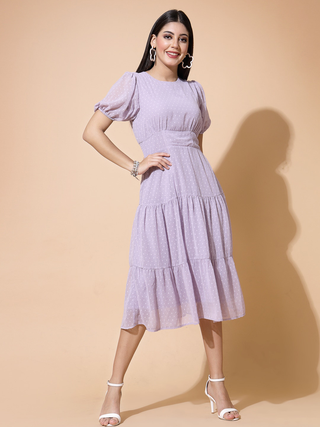 Strong And Brave Self Design Puff Sleeves Georgette Fit & Flare Midi Dress
