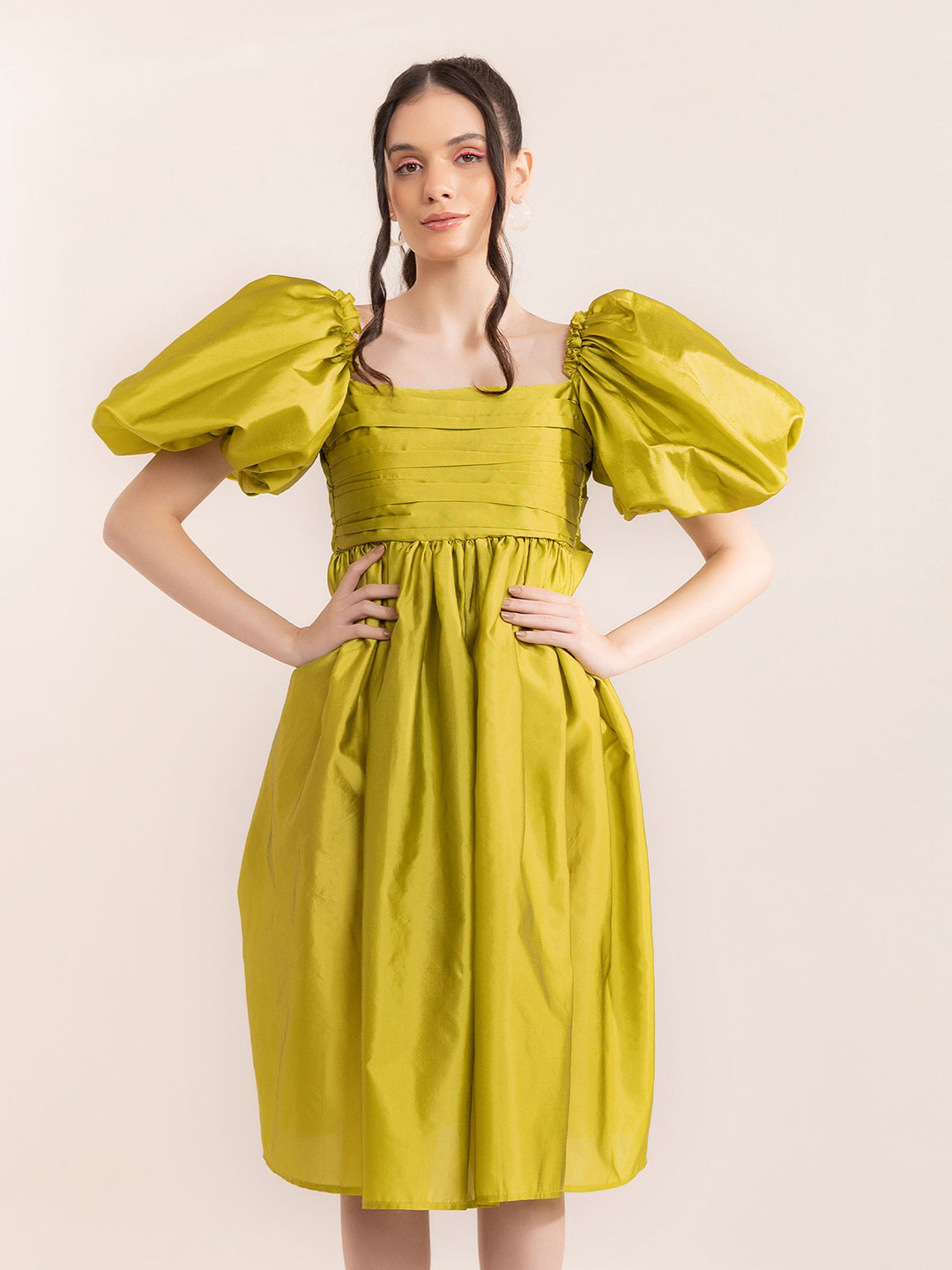 KAORI BY SHREYA AGARWAL Puff Sleeve Back Tie Up Fit & Flare Dress
