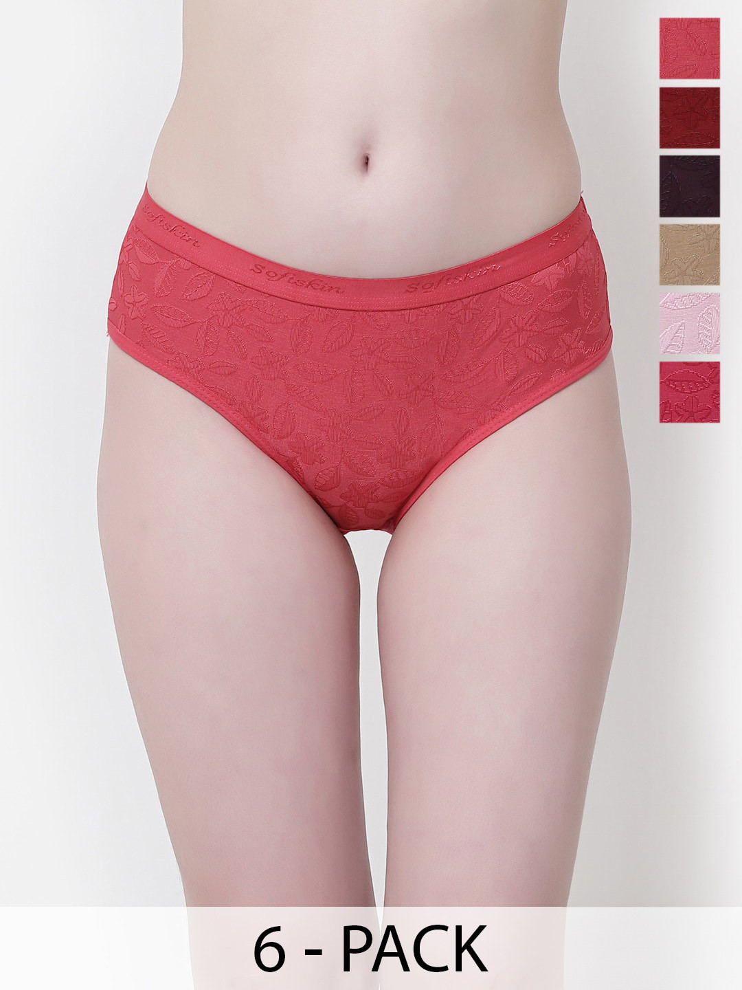 Softskin Pack Of 6 Self Design Mid-Rise Seamless Hipster Briefs Flora_Panties_S_6