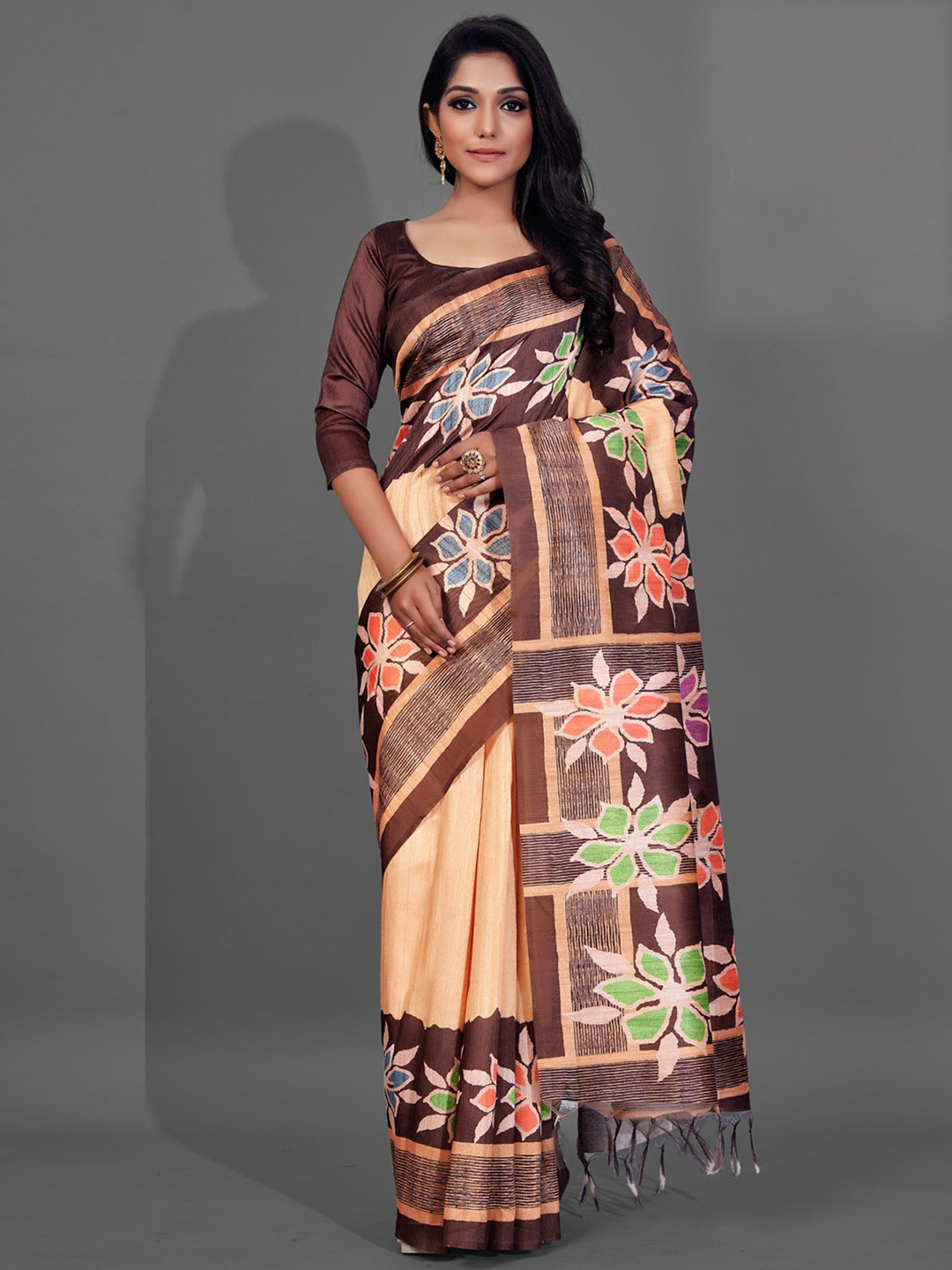 Anouk Peach-Coloured and Brown Ethnic Motifs Printed Baluchari Saree