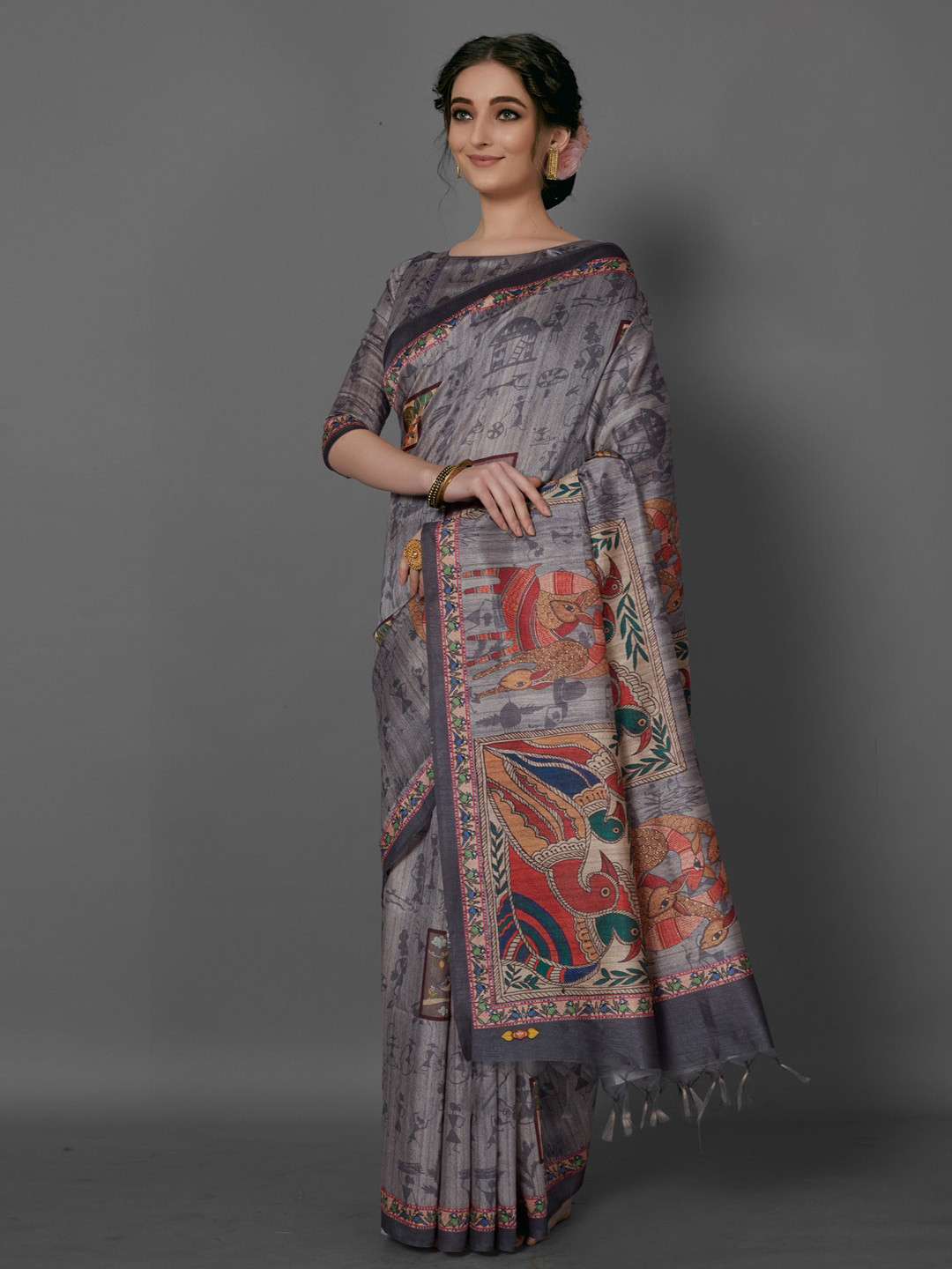 Anouk Rustic Grey and Maroon Ethnic Motifs Printed Baluchari Saree