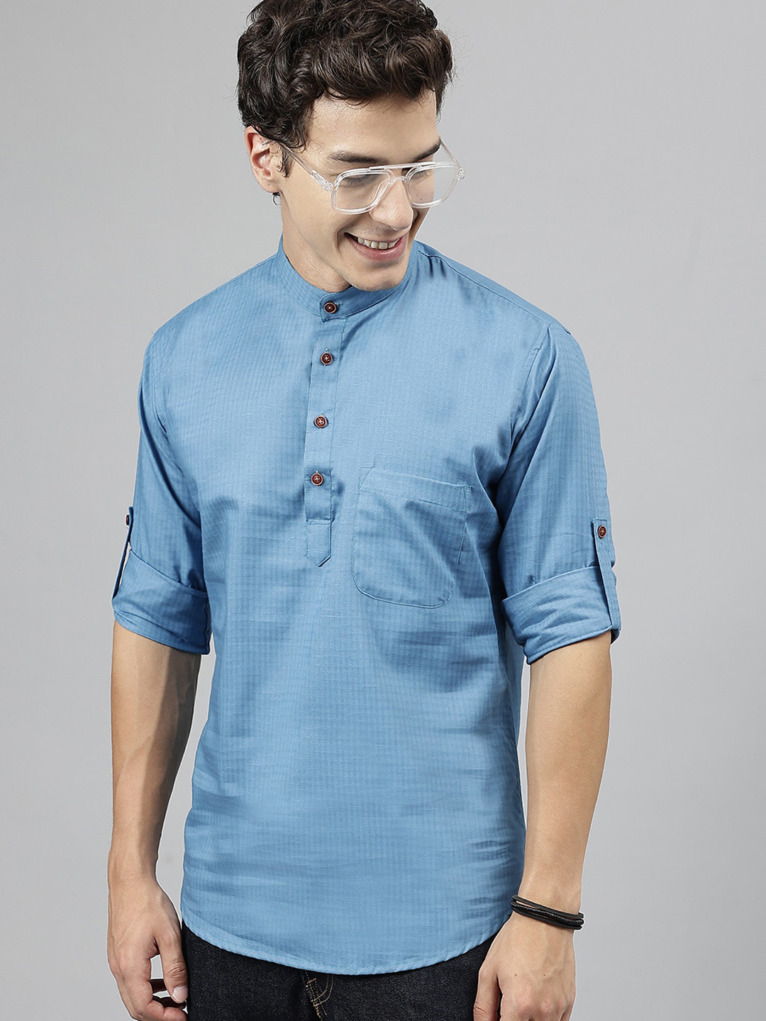 Hancock Self Design Band Collar Roll Up Sleeves Pure Cotton Short Kurta