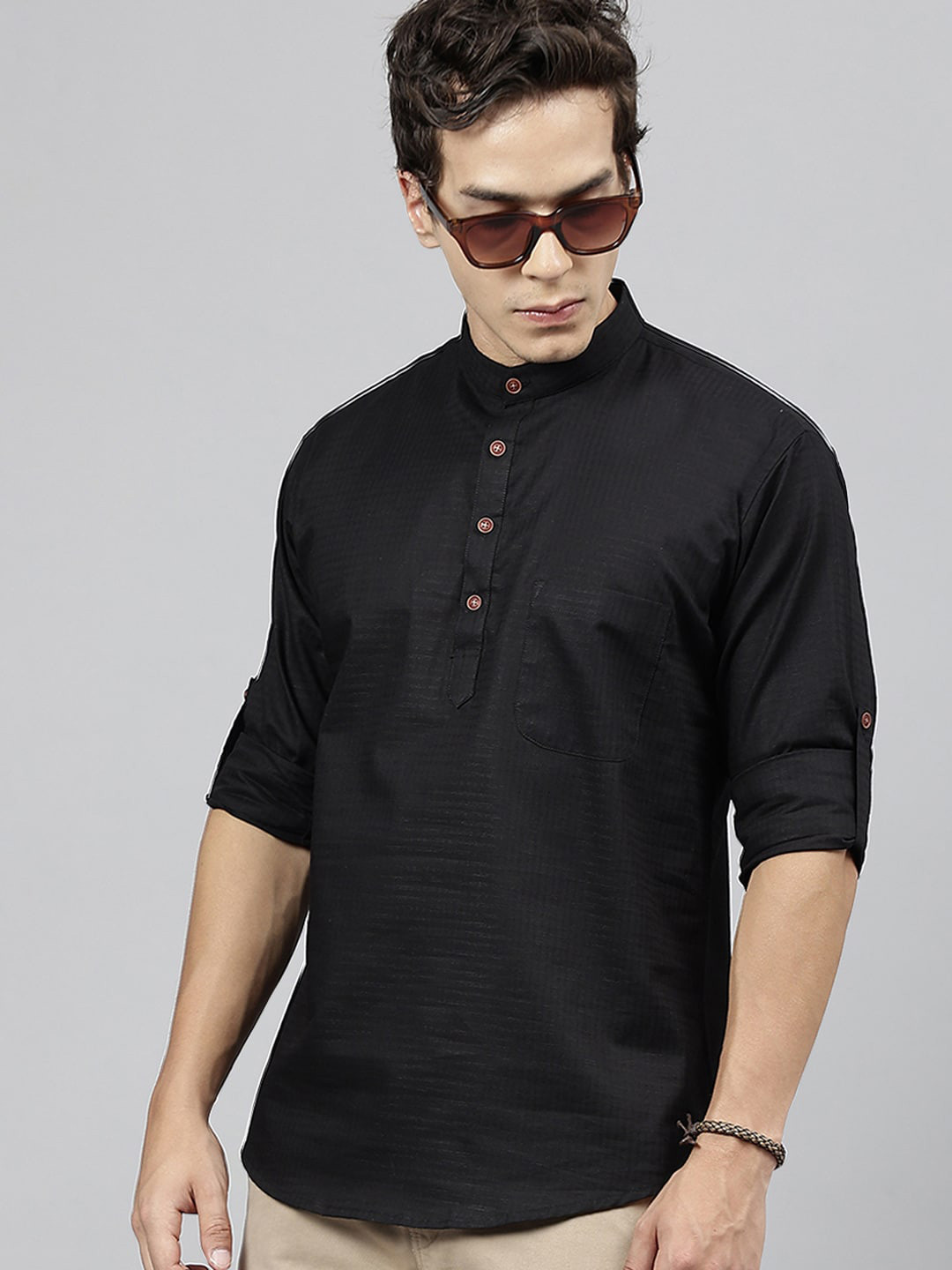 Hancock Self Design Band Collar Roll Up Sleeves Pure Cotton Short Kurta