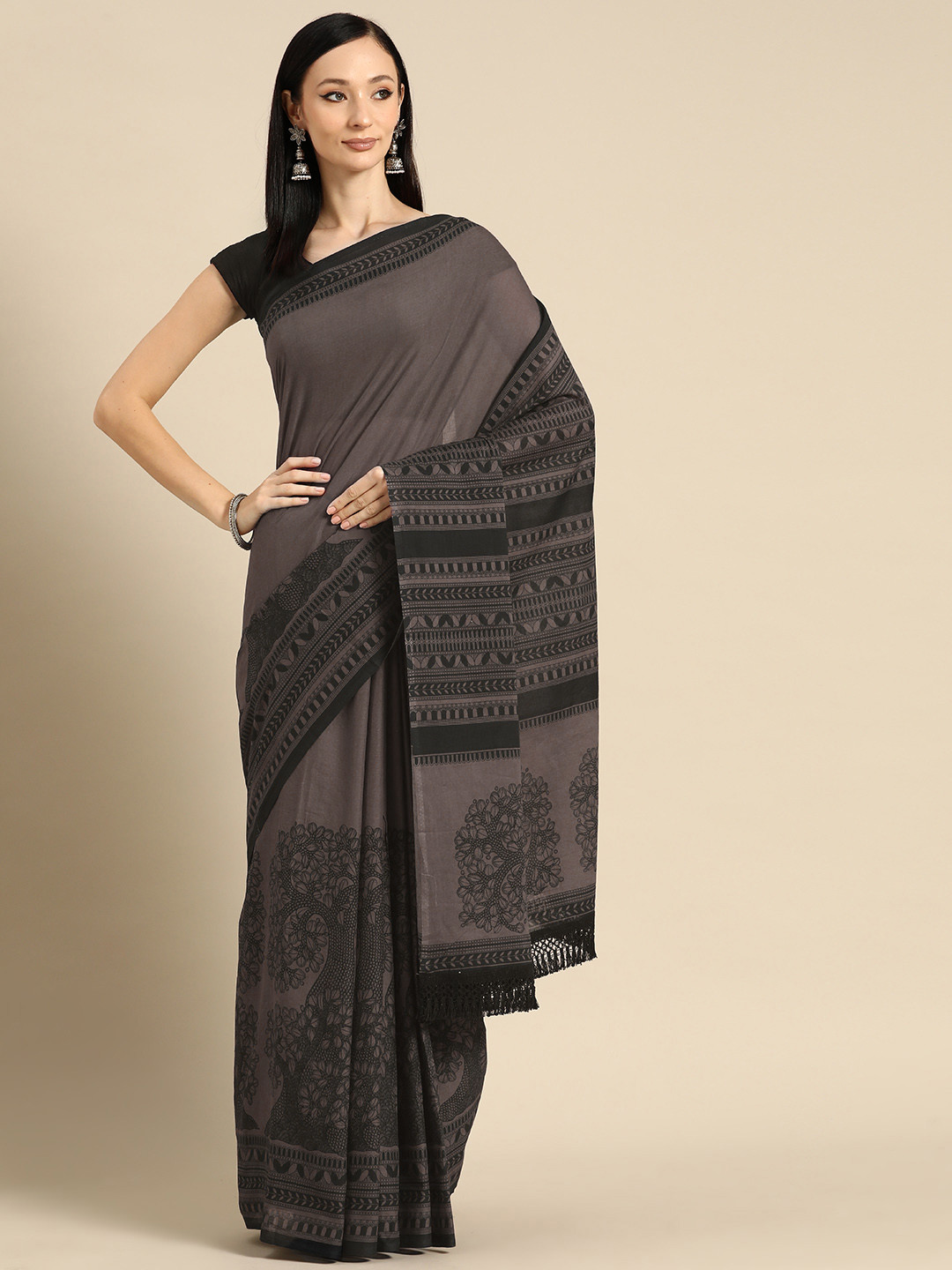 BUTA BUTI Brown & Black Floral Pure Cotton Saree