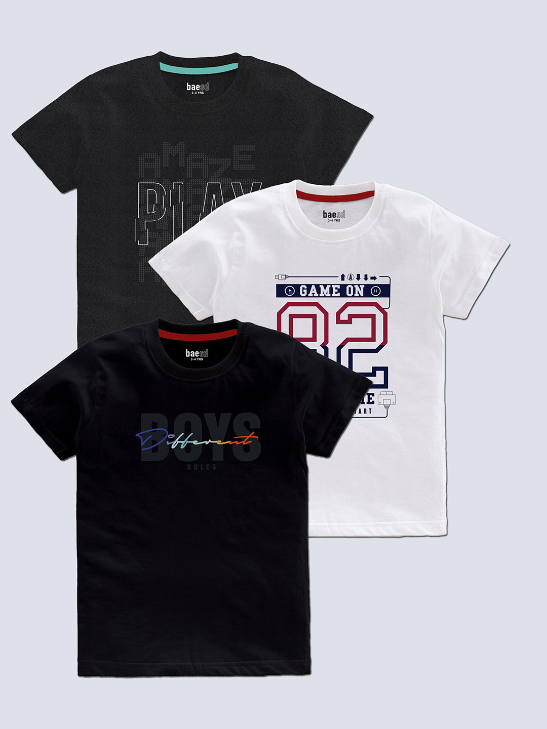 BAESD Boys Pack Of 3 Typography Printed Round Neck T-shirt