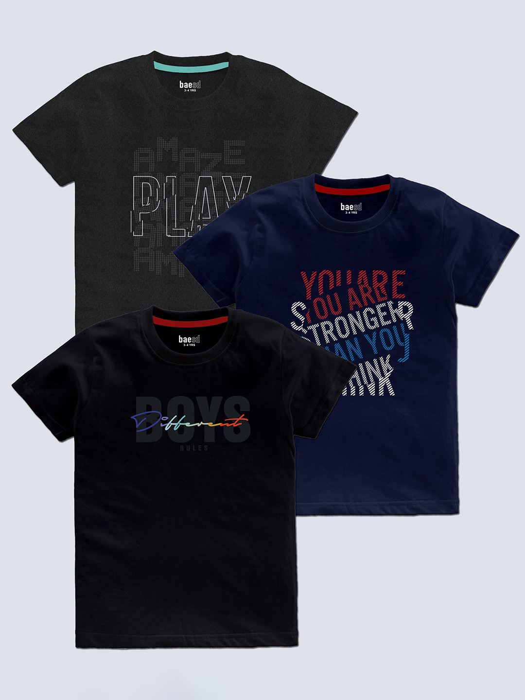 BAESD Boys Pack Of 3 Typography Printed Round Neck T-shirt