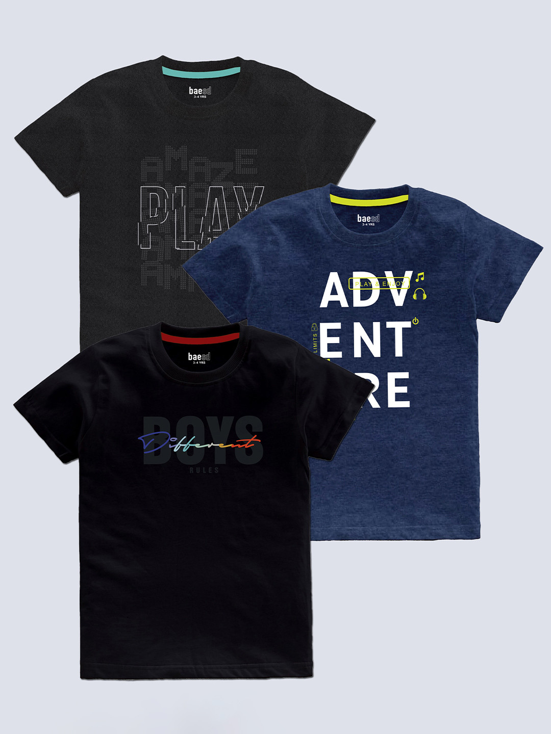 BAESD Boys Pack Of 3 Typography Printed Round Neck T-shirt
