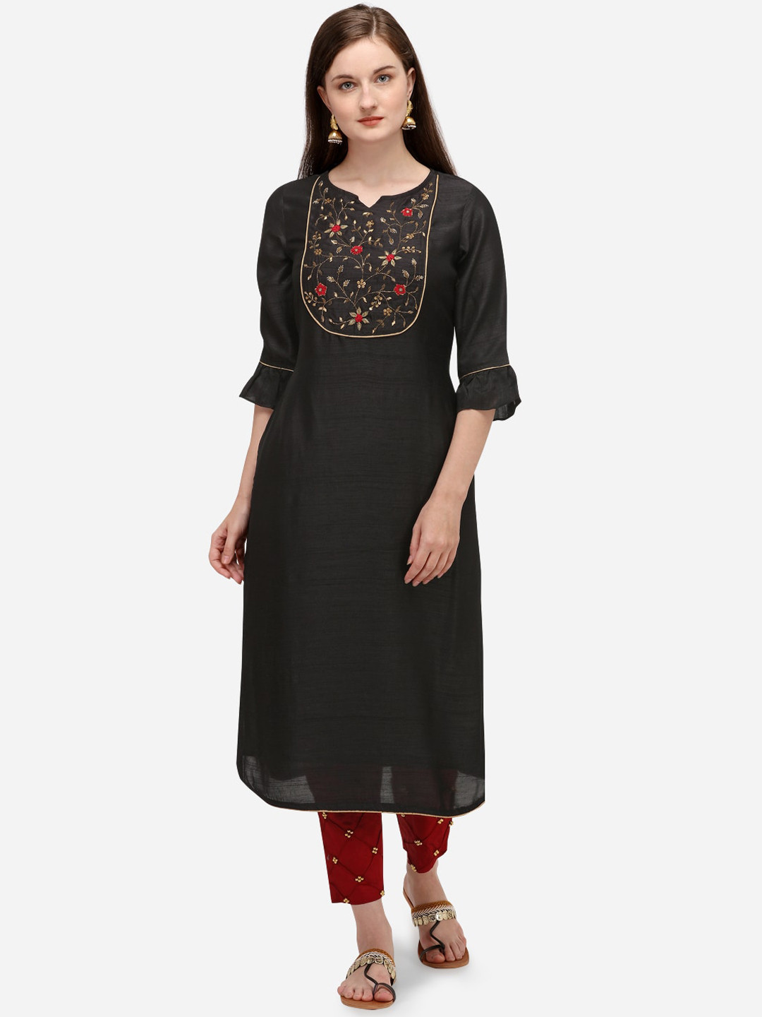 KALINI Floral Yoke Design Bell Sleeves Thread Work Detail Straight Kurta with Trousers
