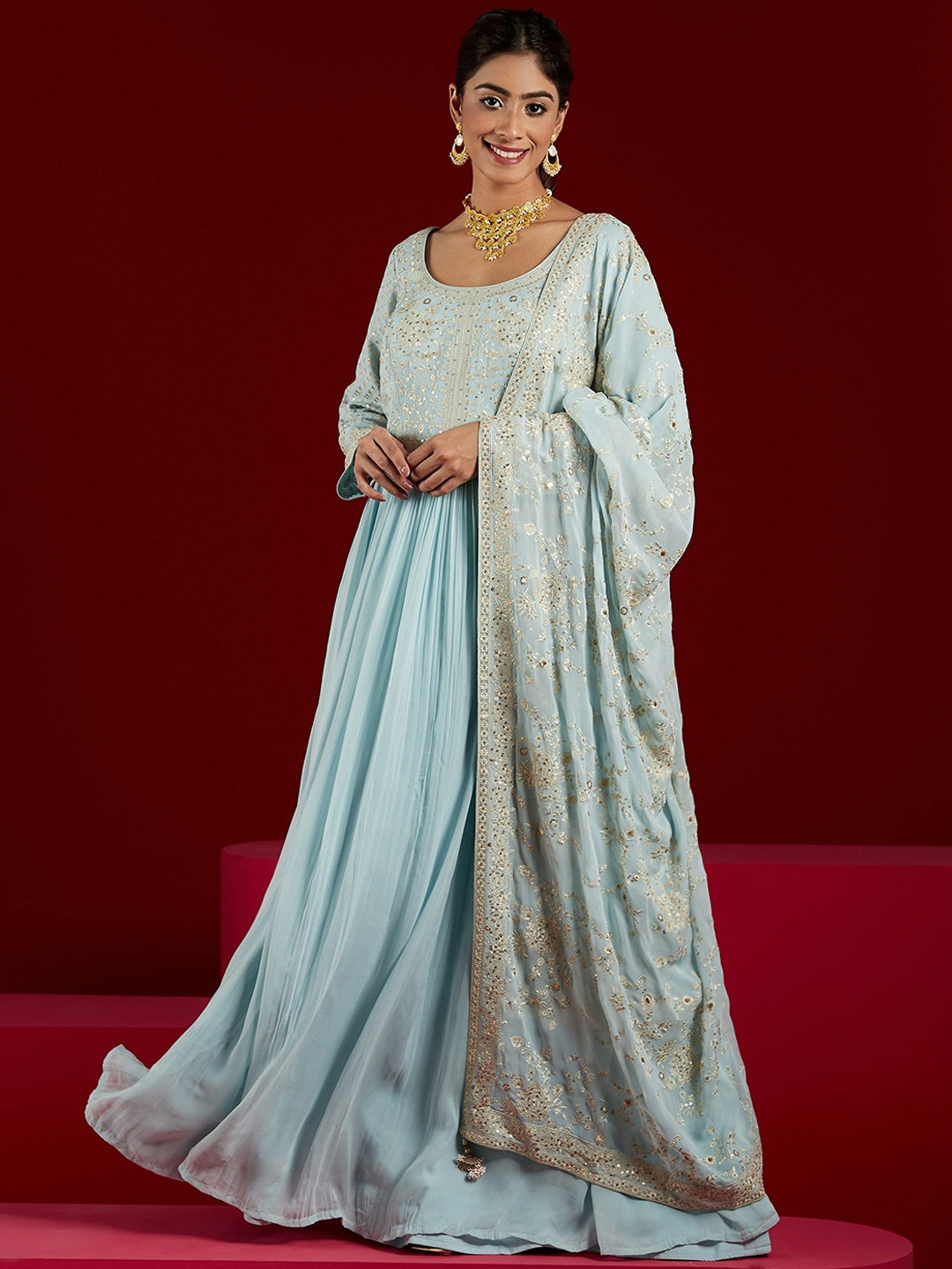 Libas Art Womens Blue Yoke Design Georgette Anarkali Kurta With Trousers & Dupatta