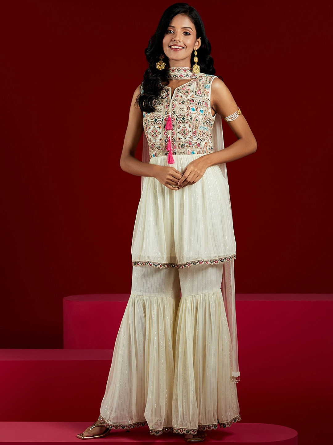 Libas Art Womens Off White Yoke Design A-Line Kurta With Sharara & Dupatta