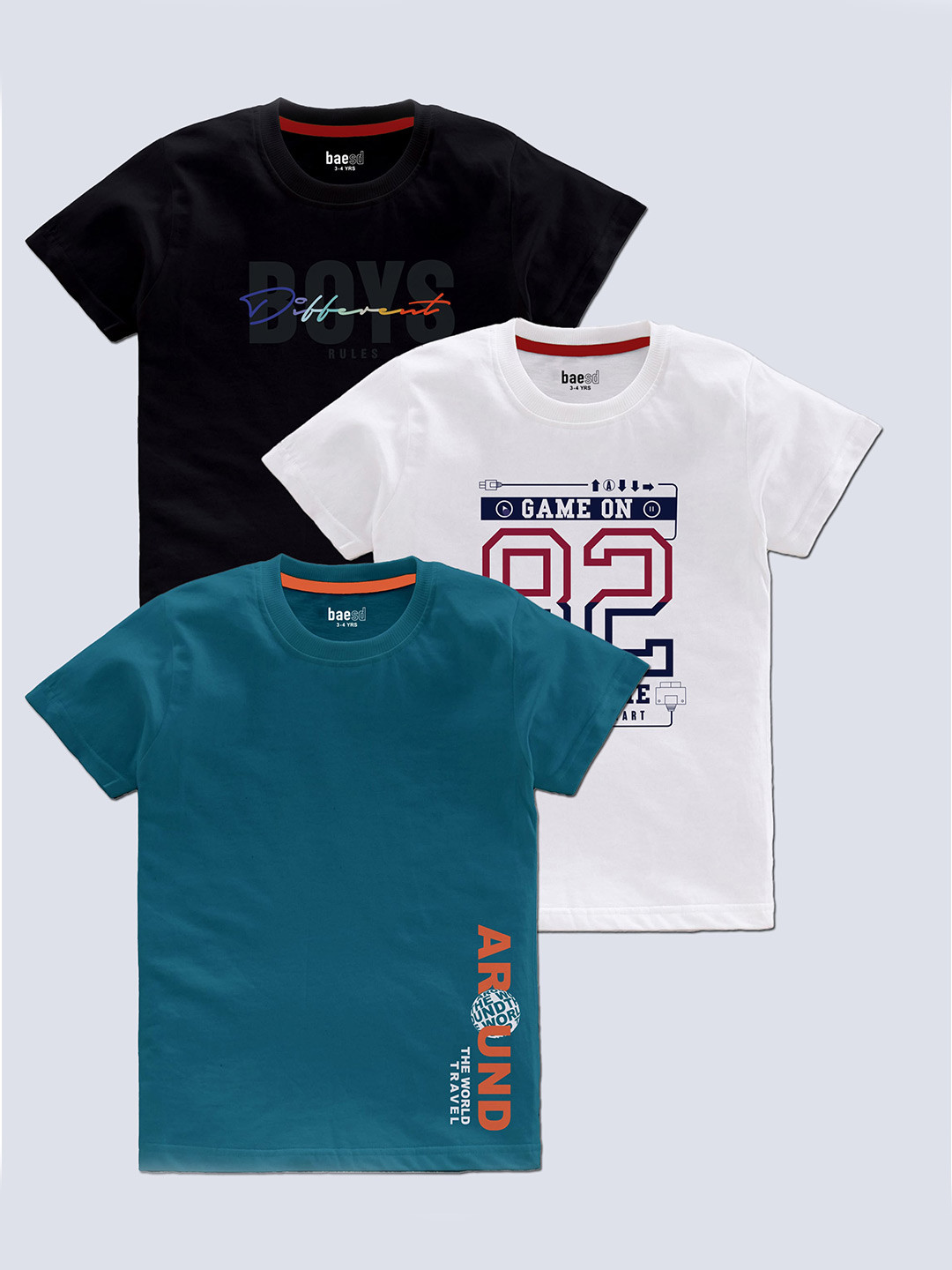 BAESD Boys Pack Of 3 Typography Printed T-shirt
