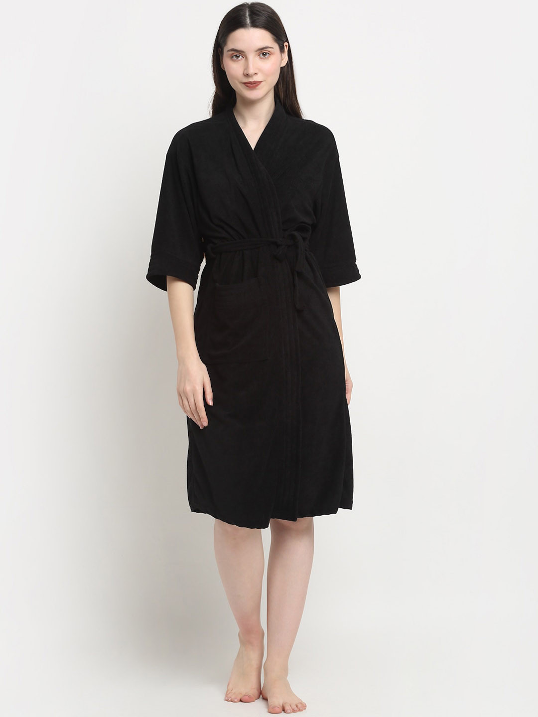 Creeva Everyday Black Solid Terrycloth Drawstring Midi Bath Robe
