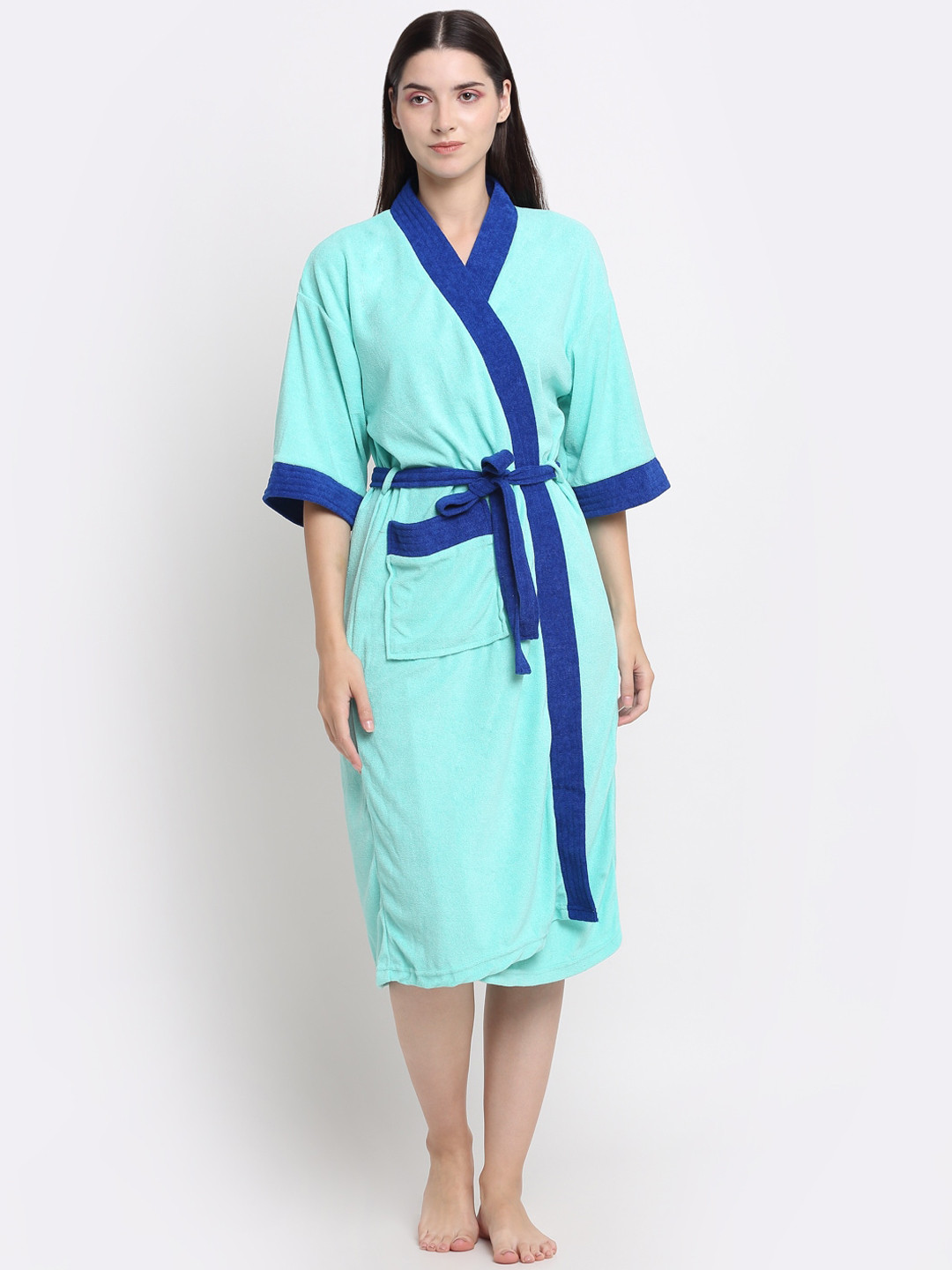 Creeva Everyday Sea Green Solid Terrycloth Drawstring Midi Bath Robe
