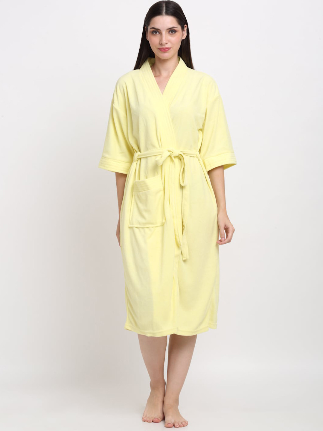 Creeva Everyday Yellow Solid Terrycloth Drawstring Midi Bath Robe