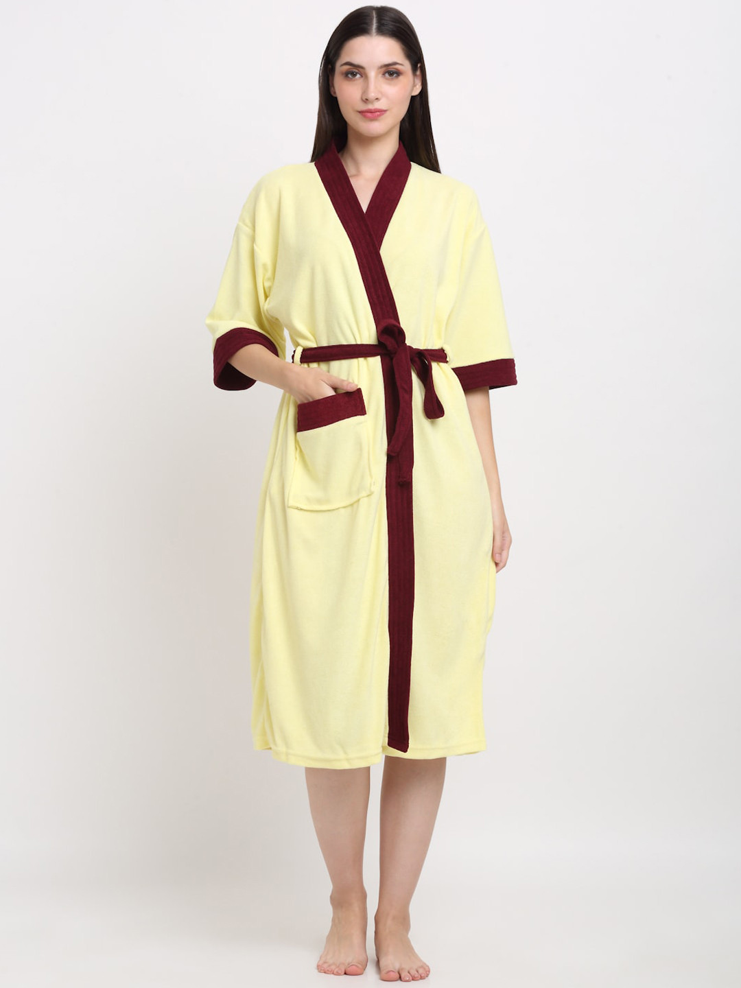 Creeva Everyday Yellow Solid Terrycloth Drawstring Midi Bath Robe