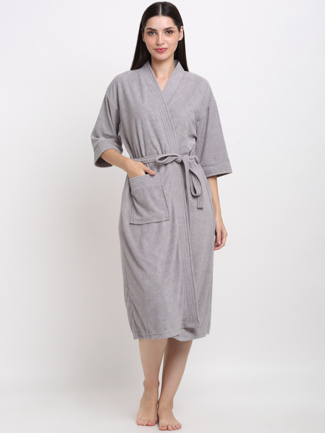 Creeva Everyday Grey Solid Terrycloth Drawstring Midi Bath Robe