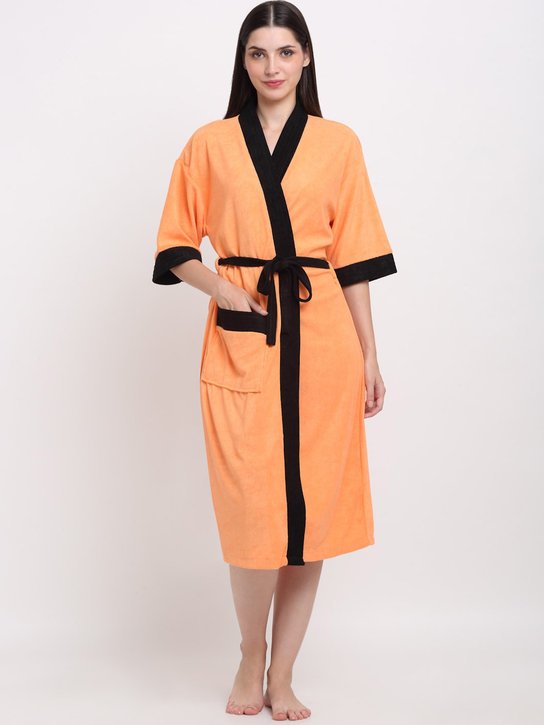 Creeva Everyday Orange Solid Terrycloth Drawstring Midi Bath Robe