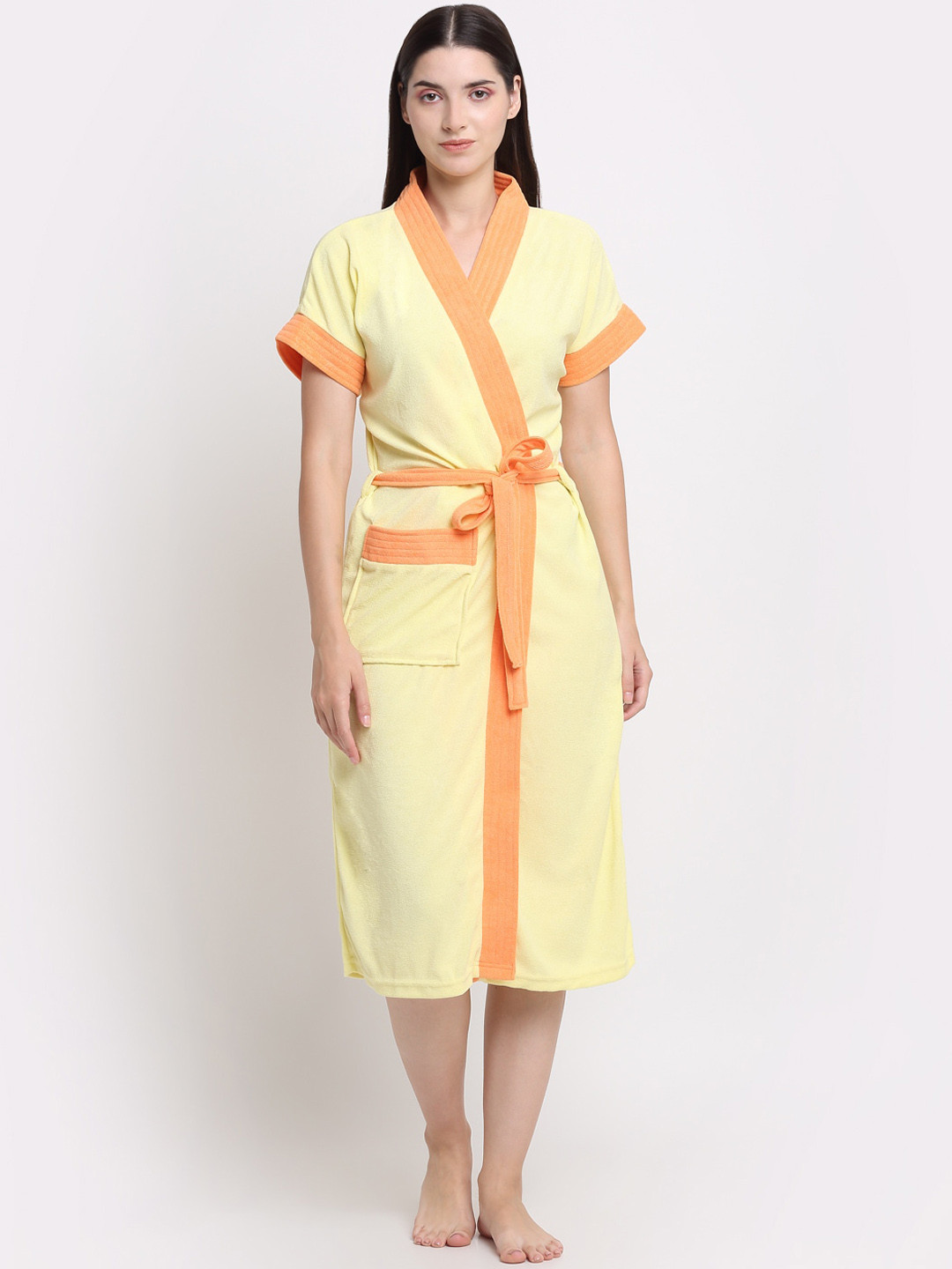 Creeva Everyday Yellow Solid Terrycloth Drawstring Midi Bath Robe