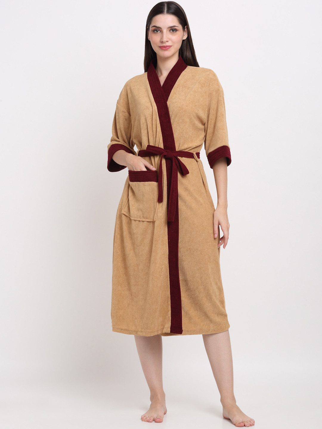 Creeva Everyday Camel Brown Solid Terrycloth Drawstring Midi Bath Robe