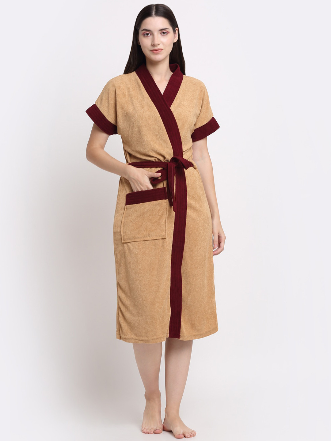 Creeva Everyday Camel Brown Solid Terrycloth Drawstring Midi Bath Robe