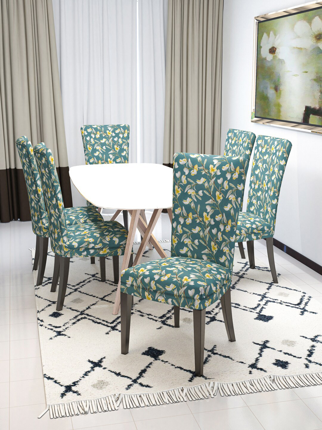 Nendle Olive Green 6 Pieces Printed Stretchable Chair Covers