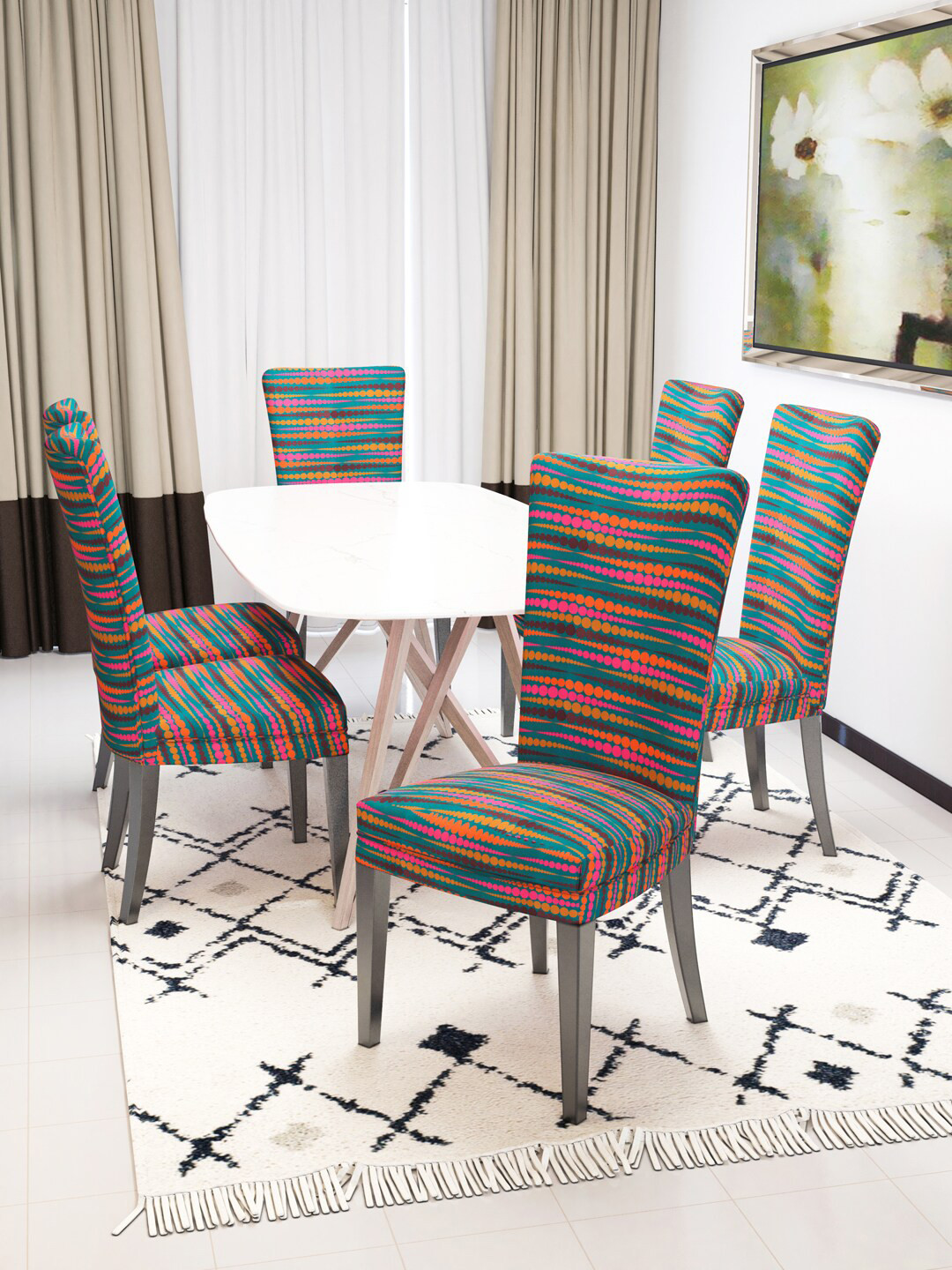 Nendle Orange 6 Pieces Printed Stretchable Chair Covers