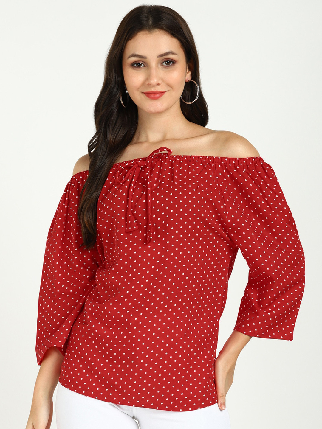 VAHSON Polka Dots Printed Off Shoulder Tie-Ups Bardot Top