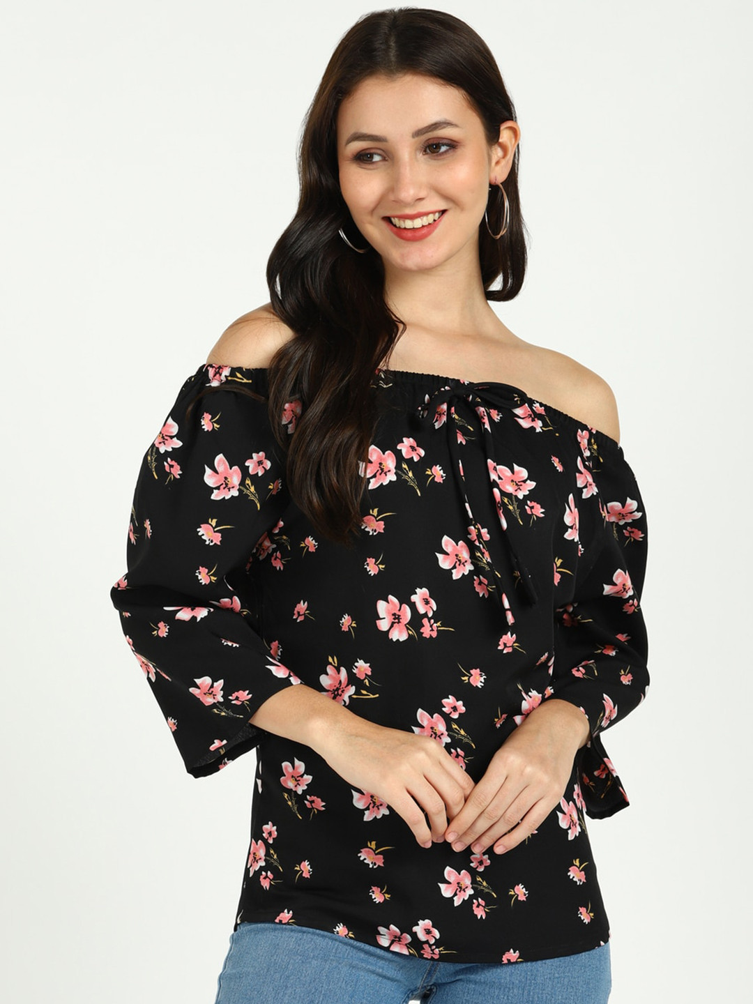 VAHSON Floral Printed Off Shoulder Tie-Ups Bardot Top