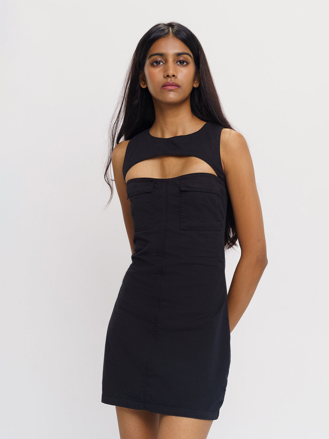 FREAKINS Black Round Neck Cut-outs Cotton Sheath Mini Dress