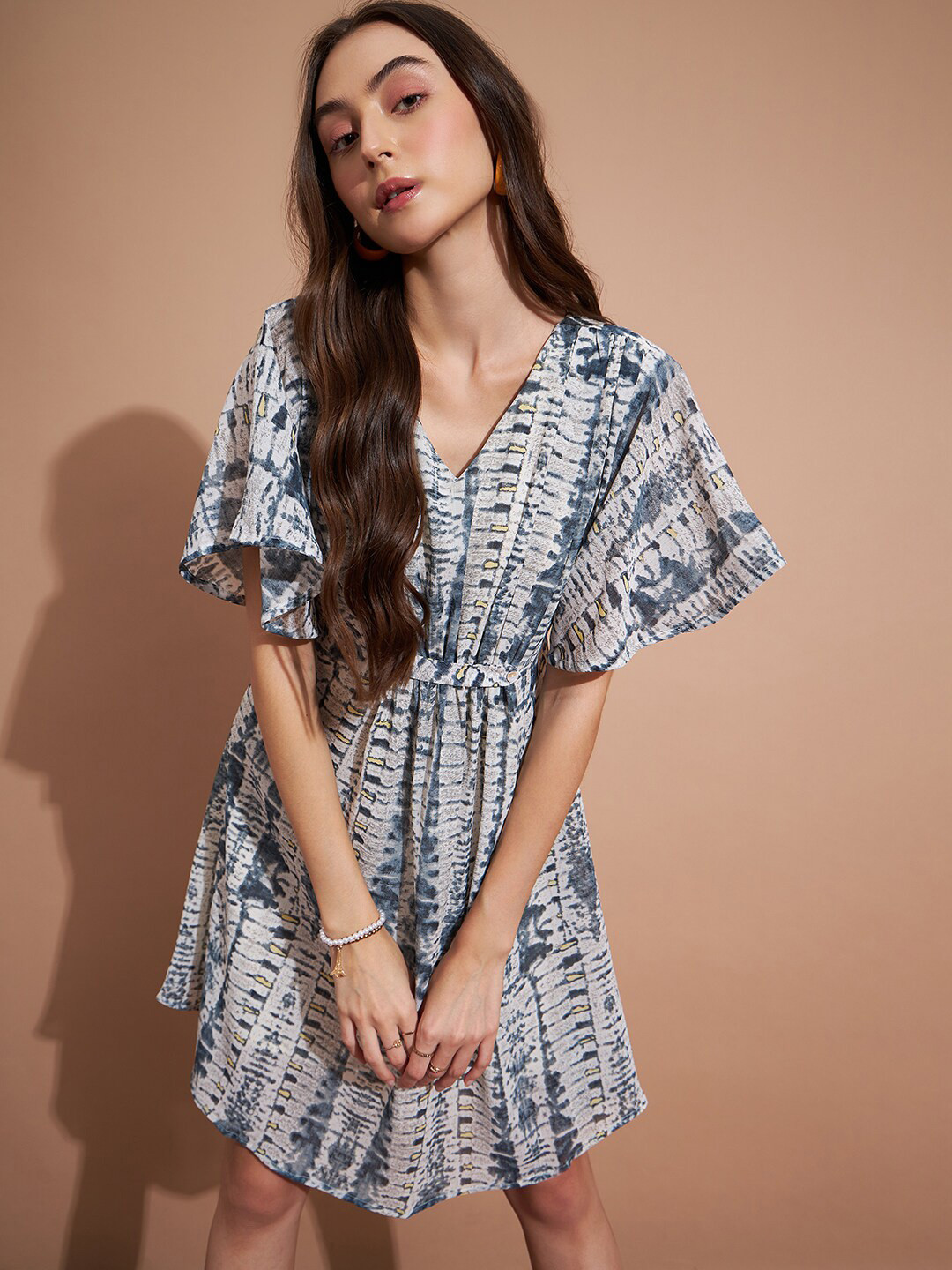DressBerry Grey Tie & Dye Printed Flared Sleeves Gathered A-Line Dress