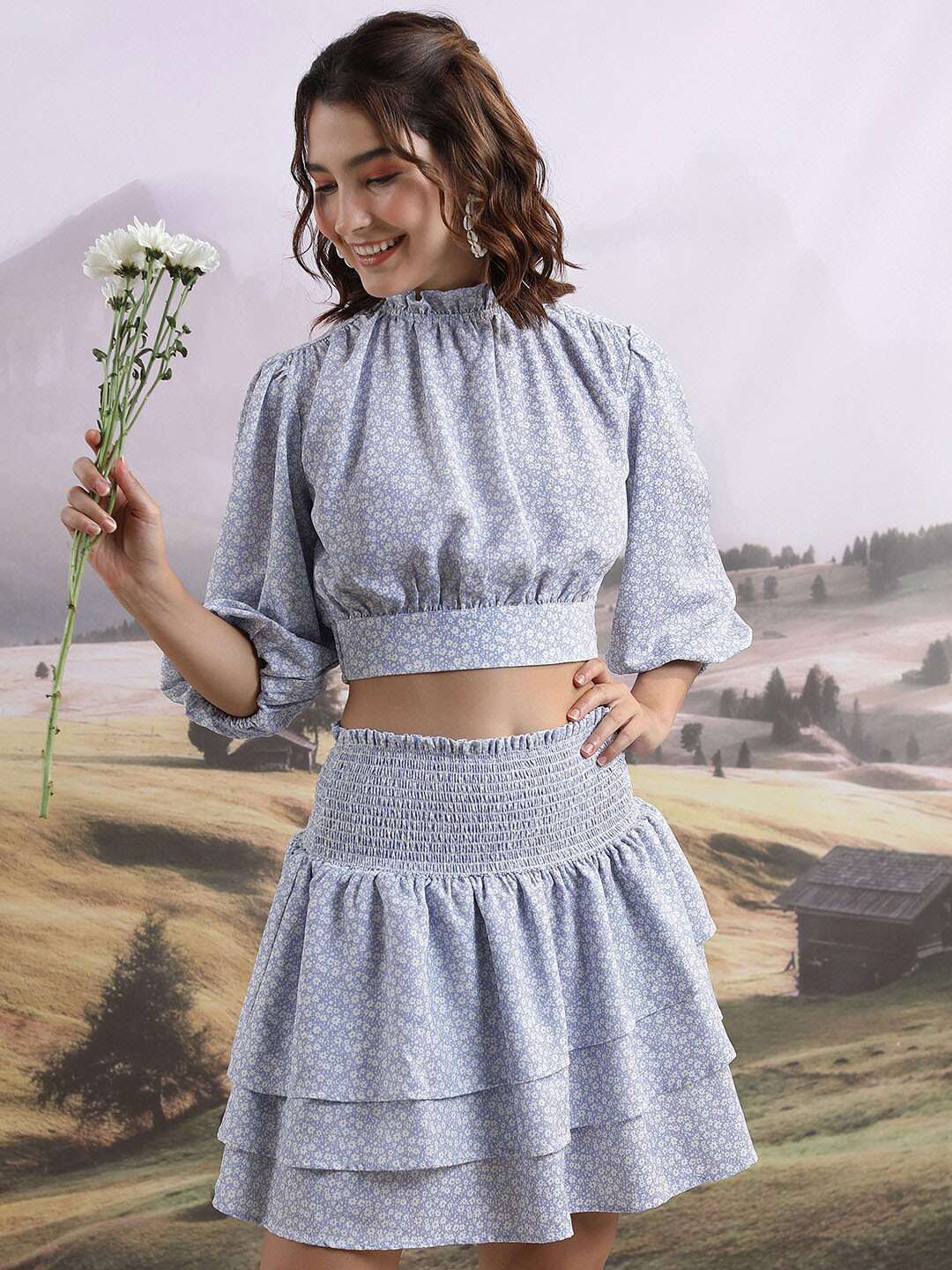Tokyo Talkies Floral Printed Puff Sleeve Smocked Detail Crop Top & Mini Skirt