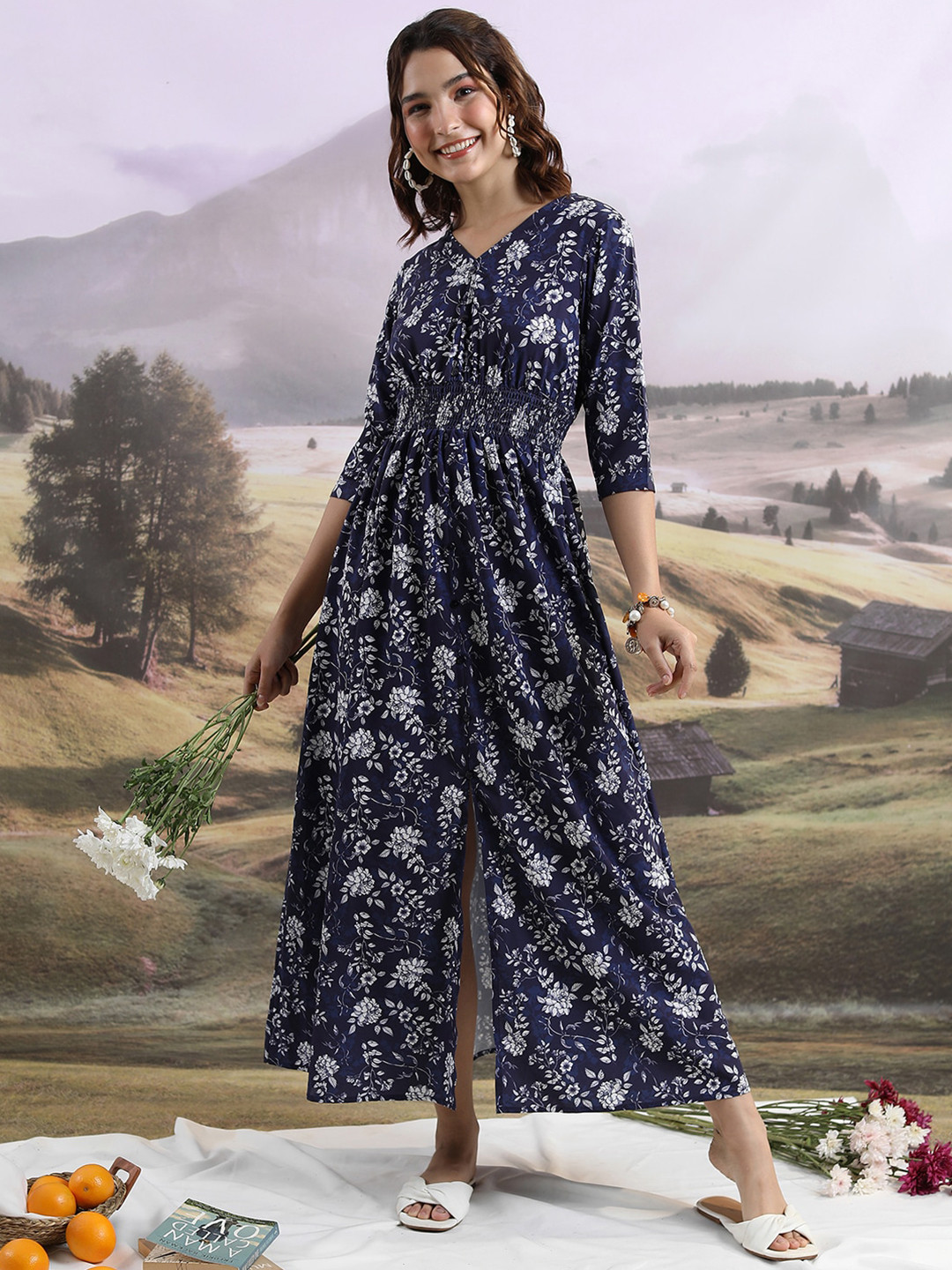 Tokyo Talkies Navy Blue Floral Printed Smocked Fit and Flare Midi Dress