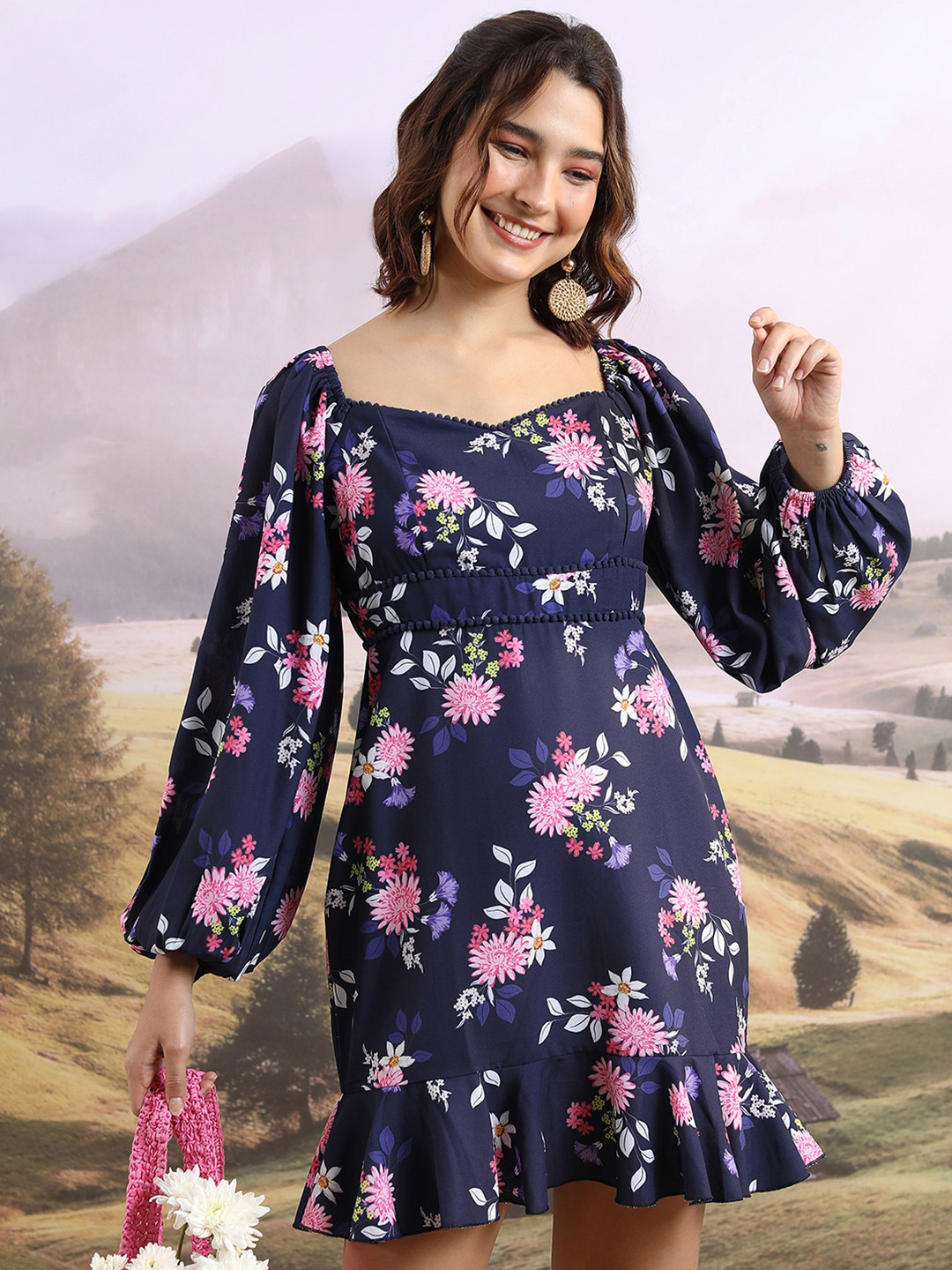 Tokyo Talkies Navy Blue Floral Print Flared Sleeve Fit & Flare Dress