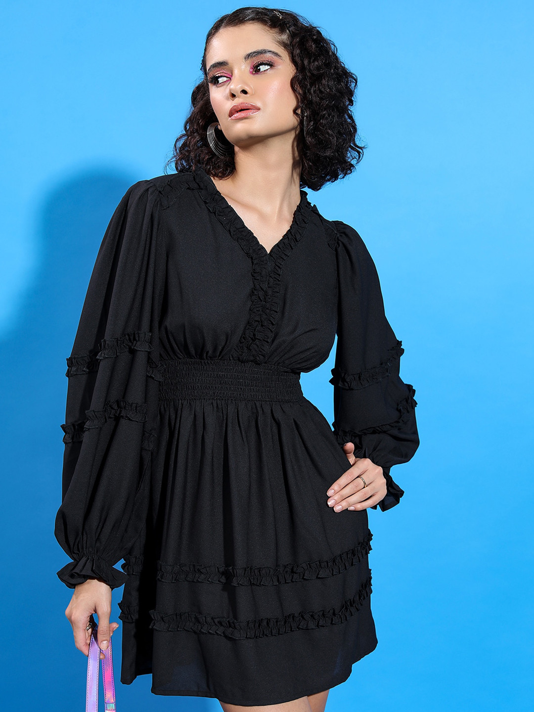 Tokyo Talkies Black V-Neck Puff Sleeve Ruffled Fit & Flare Mini Dress
