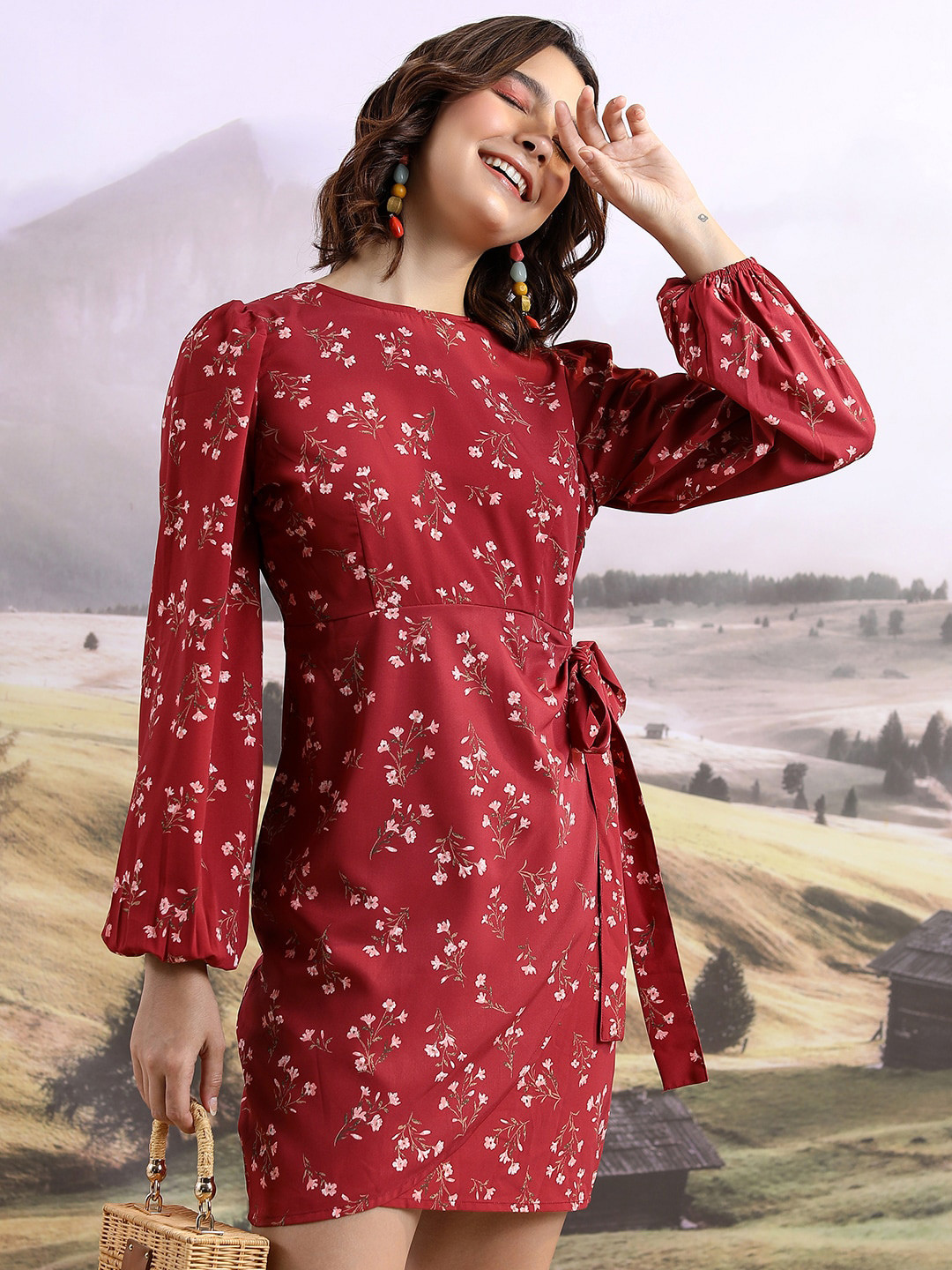 Tokyo Talkies Maroon & White Floral Printed Puff Sleeve Sheath Dress