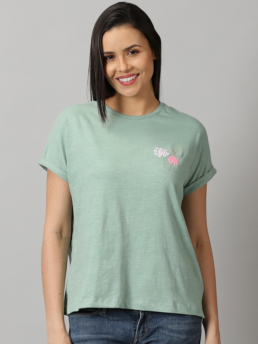 PURPLE FLAUNT Extended Sleeves Embroidered  Pure Cotton T-shirt