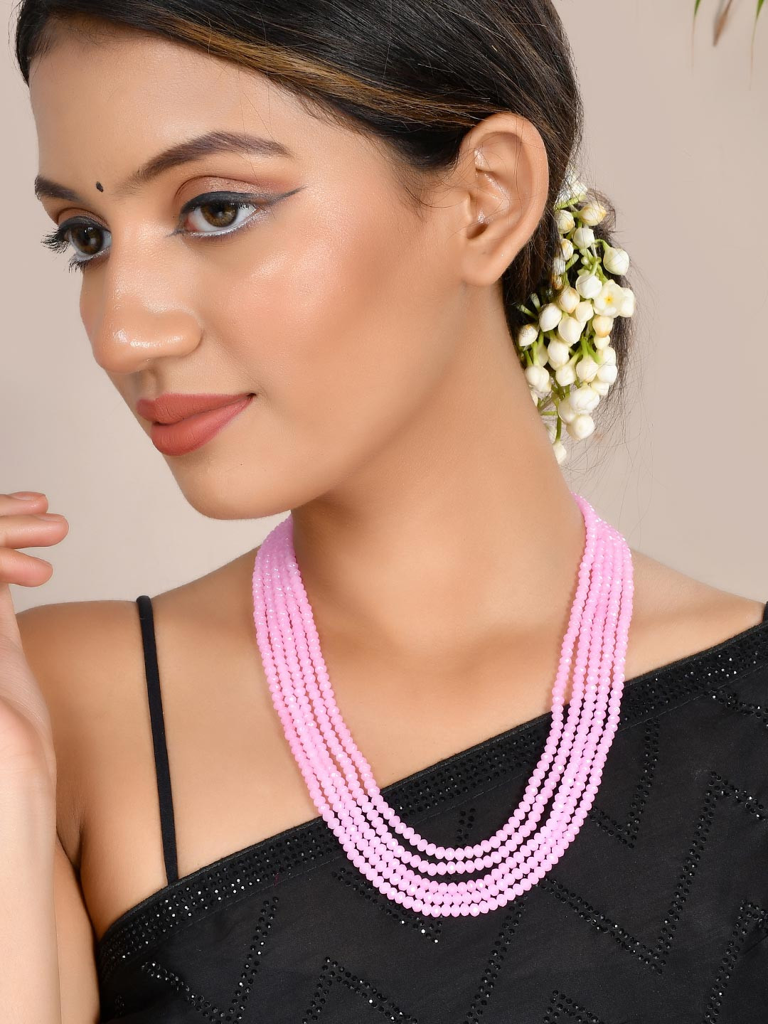 Sanjog Women Gold-Toned & Pink Brass Gold-Plated Crystal Beaded Stone 5 Layered Necklace