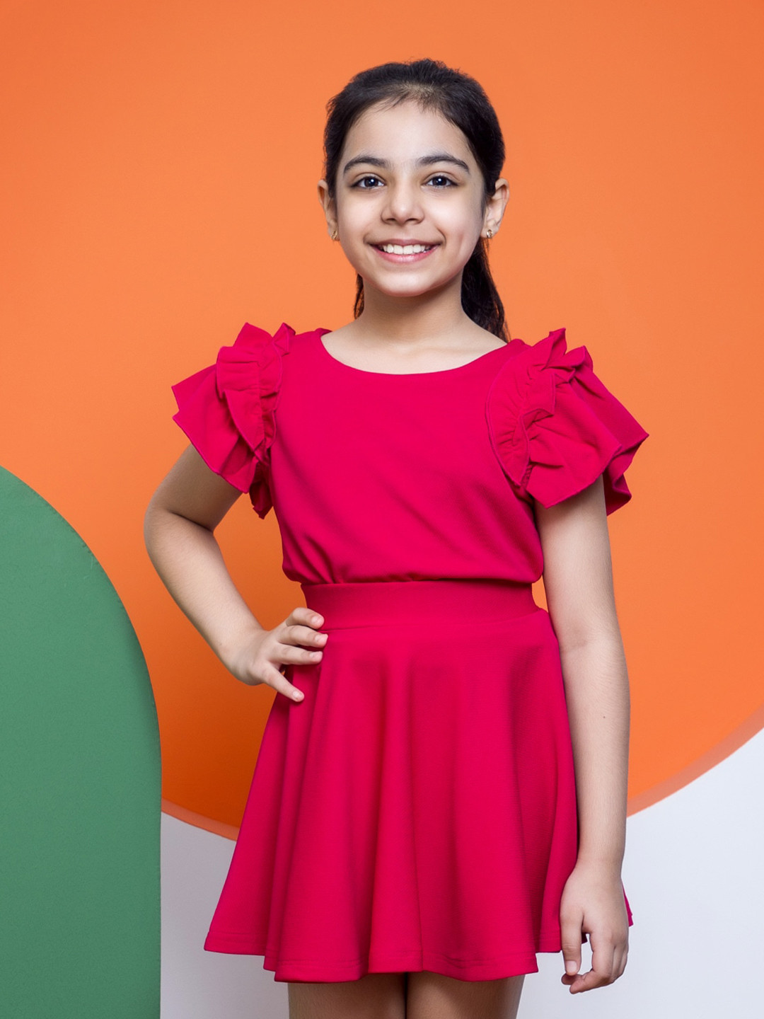 NEUDIS Girls Ruffles Sleeves Top With Skirt