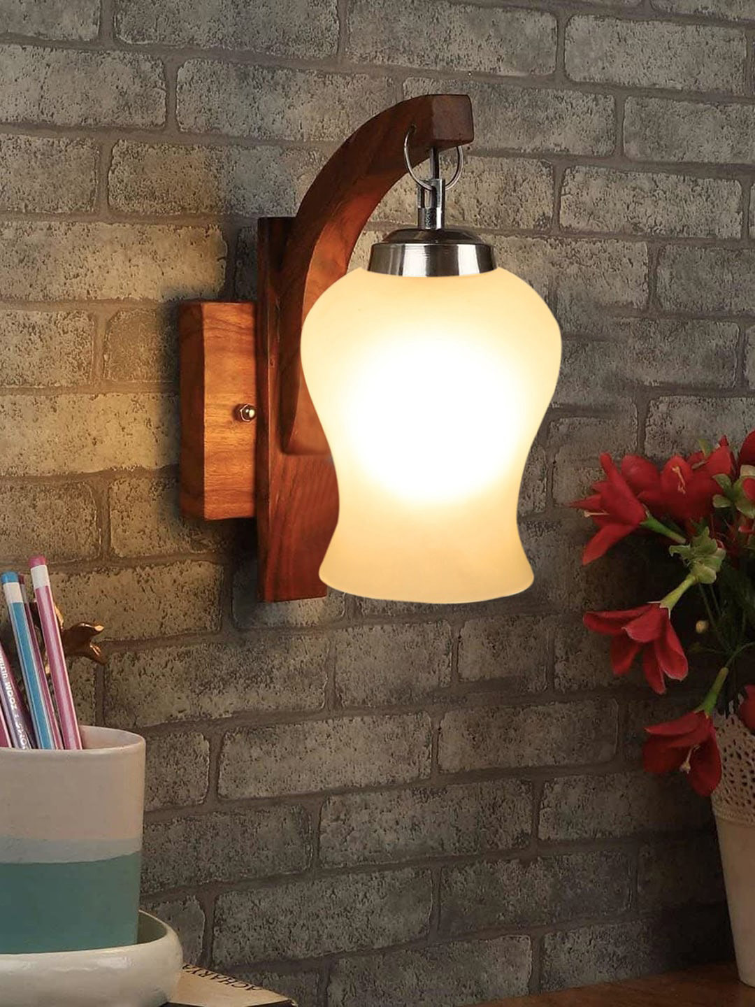 Devansh White Wooden Wall Lamps With Glass