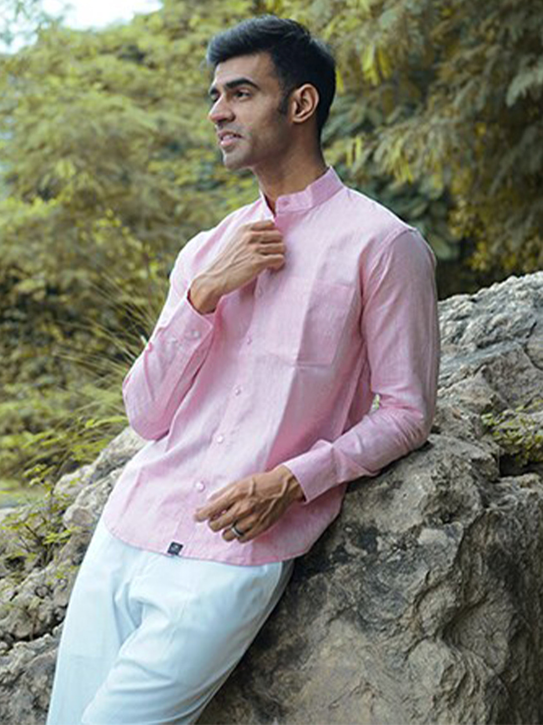 JAVINISHKA Classic Band Collar Chest Pocket Linen Semiformal Shirt