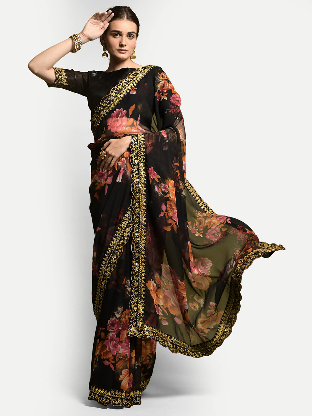 DWIZA ENTERPRISE Floral Embroidered Pure Georgette Saree