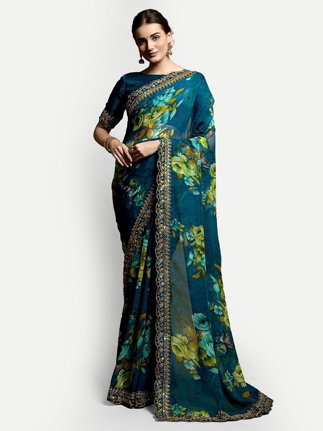 DWIZA ENTERPRISE Floral Printed Embroidered Pure Georgette Saree