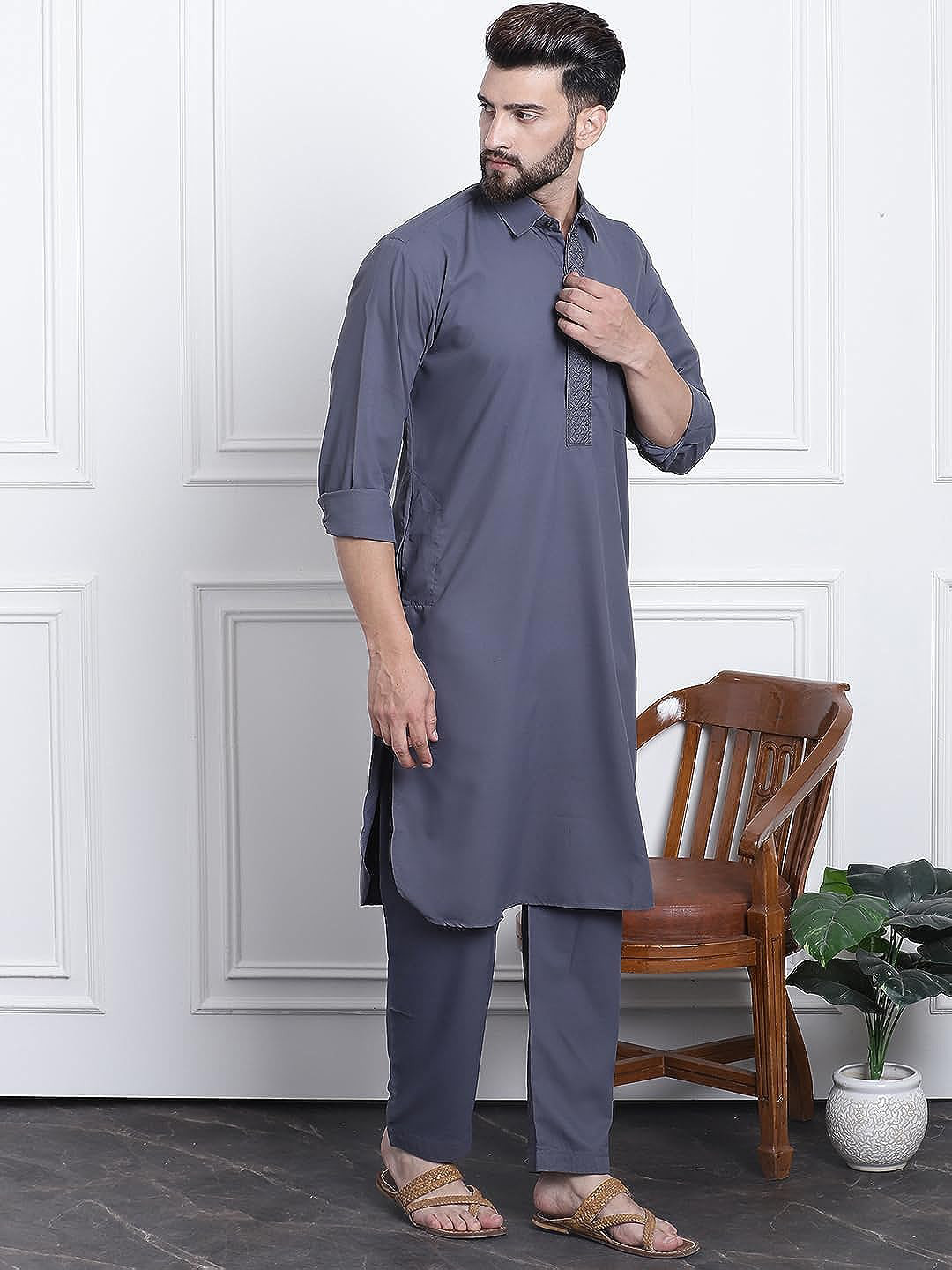 ROYAL KURTA Shirt Collar Pathani Kurta With Salwar