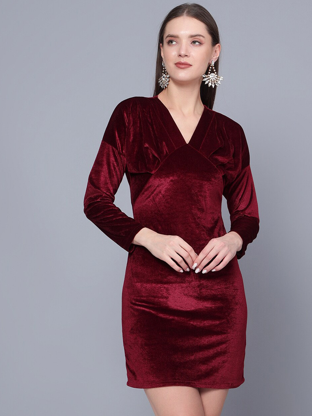 Golden Kite V-Neck Drop-Shoulder Sleeves Gathered Detail Velvet Sheath Dress