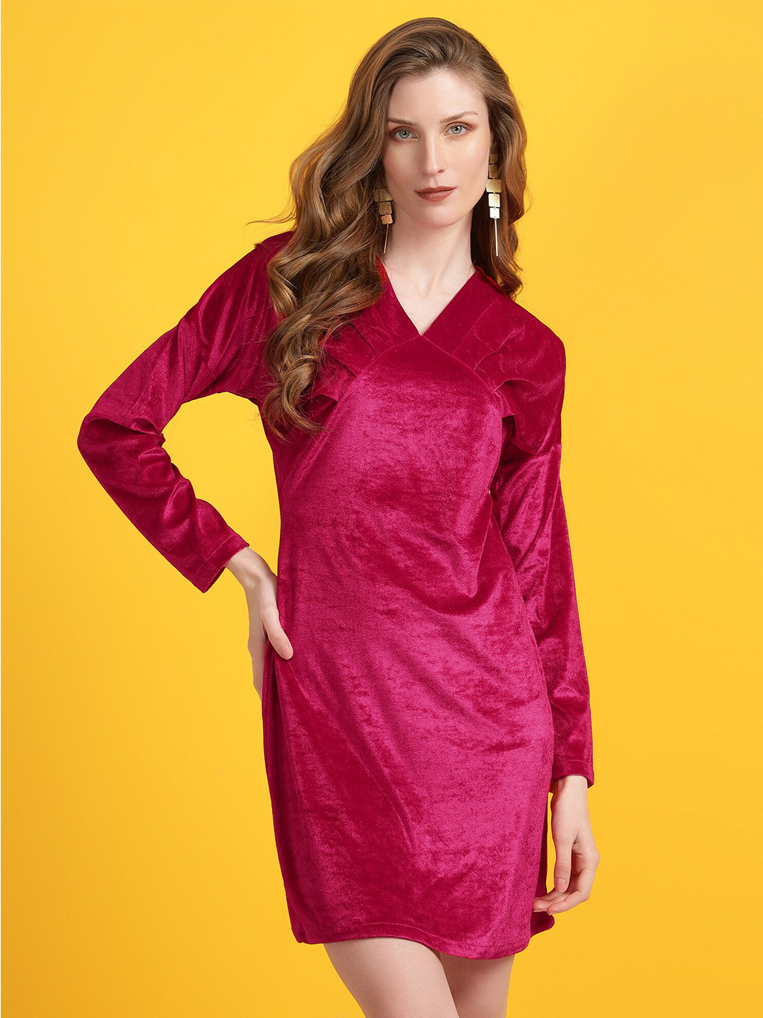 Golden Kite V-Neck Drop-Shoulder Sleeves Gathered Detail Velvet Sheath Dress